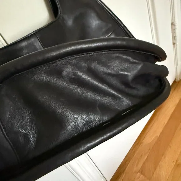 ANTHROPOLOGIE Black Julien Sheepskin Leather Bag Round Circle Handbag Tote - Picture 3 of 3